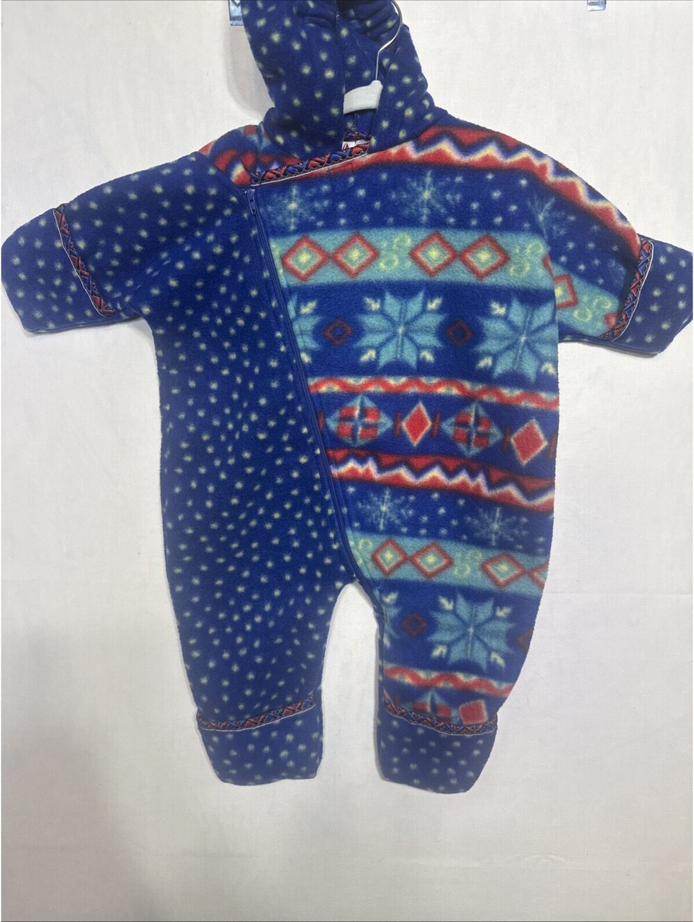 Vintage Great Lakes Fleece Baby Bunting 6/9M Fair Isle Snowflake Blue Hooded